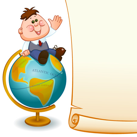 Frame with school child,  boy on globe. Space for text. Vector illustrationのイラスト素材