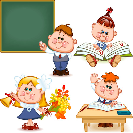 school set. Boy and girl at the blackboard, at the desk, reading a book, teach the alphabet, with flowers and a bell. Vector illustrationのイラスト素材
