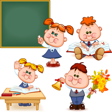 school set. Boy and girl at the blackboard, at the desk, reading a book, teach the alphabet, with flowers and a bell. Vector illustrationのイラスト素材