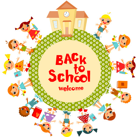 Welcome back to school. Schoolchildren go to school, holding hands. Vector illustration.のイラスト素材