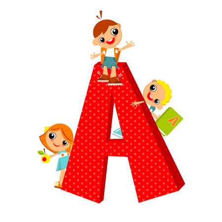 School children look out for the letter A. Vector illustration.のイラスト素材
