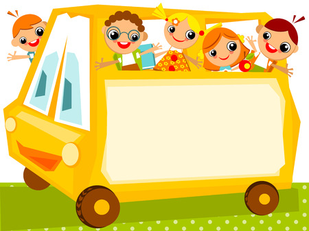 School schedule. Place for your text on a yellow school bus with happy kidsのイラスト素材