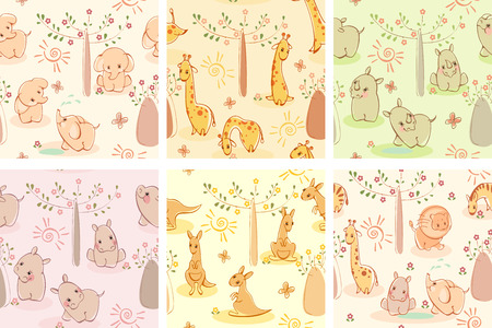 Set kids wallpaper background with wild cute animals.のイラスト素材