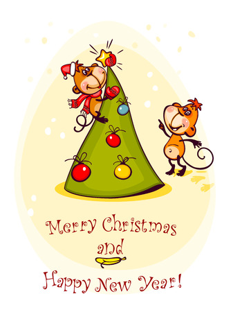 Chinese zodiac postcard 2016 with the monkey and stylized christmas tree. banner merry christmas and happy new year.のイラスト素材