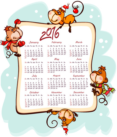 New Year's calendar 2016  with the  monkeyのイラスト素材