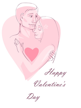 Happy Valentine's Day. Romantic couple, embracing hands, against the backdrop of pink heart. Vector illustration of Valentine cardのイラスト素材