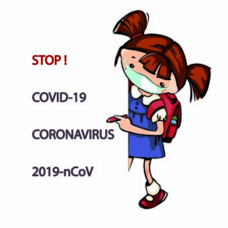 little girl child in a medical protective mouth cap mask with a banner place for text stop Pandemic Novel Coronavirus outbreak 2019-nCoV symptoms coronavirus 2019 COVID-19. Concept of coronavirus quarantine.のイラスト素材