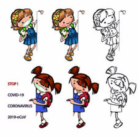 set young school girl child with a banner place for tex. In a medical mask, stop coronavirus 2019. Cute girl with a pen. Silhouette banner young school girl with a pen.のイラスト素材