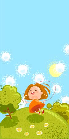 banner and place for text with cute little joy girl jumping rope in a lawnのイラスト素材