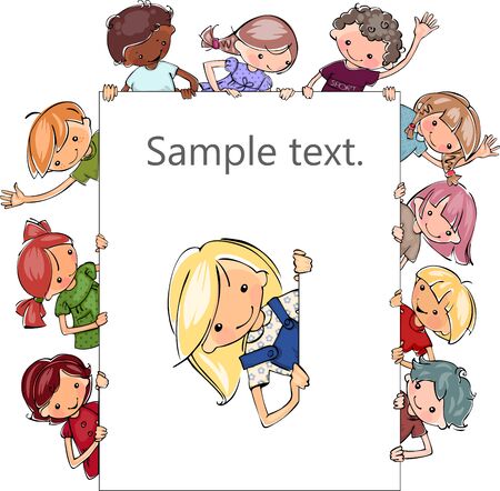 frame cute young international school boy and girl with backpack and school supplies. sample text.のイラスト素材
