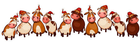 Happy New Year banner design with cute little cartoon cattle with cows and bulls celebrating the 2021 holiday season and text, vector illustrationのイラスト素材