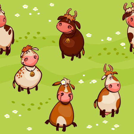 wallpaper design with cute little cartoon cattle with cows and bulls, vector illustrationのイラスト素材