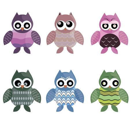 Set of cute colorful owls vector illustration isolated on white background.のイラスト素材