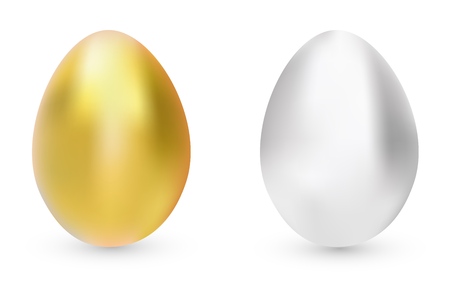 Vector illustration, gold and silver eggs isolated on white background with shadow. Easter eggs.のイラスト素材