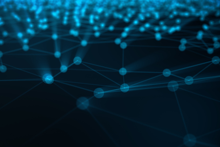 Abstract background of lines and dots, low poly mesh. Internet connections technology. Concept of neural connections transmitting signals between artificial neural connections, 3D illustrationの写真素材