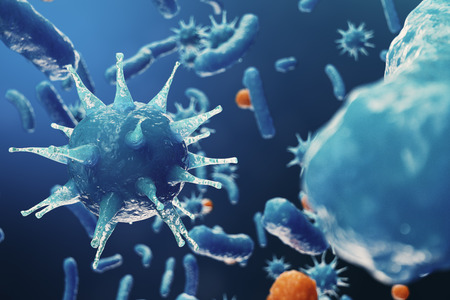 3D illustration Virus backgorund. Viruses influenza, hepatitis, AIDS, E. coli, colon bacillus. Concept of science and medicine, reducing immunity, Cell infected organismの写真素材