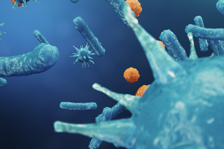 3D illustration Virus backgorund. Viruses influenza, hepatitis, AIDS, E. coli, colon bacillus. Concept of science and medicine, reducing immunity, Cell infected organismの写真素材