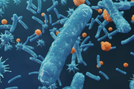 3D illustration Virus backgorund. Viruses influenza, hepatitis, AIDS, E. coli, colon bacillus....