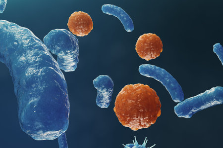 3D illustration Virus backgorund. Viruses influenza, hepatitis, AIDS, E. coli, colon bacillus....