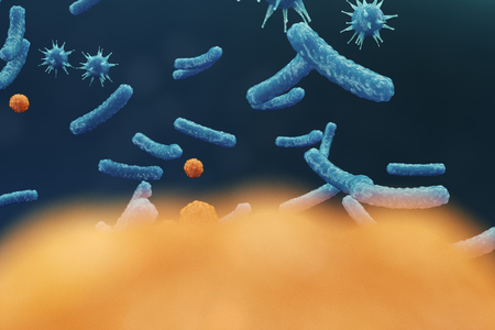 3D illustration Virus backgorund. Viruses influenza, hepatitis, AIDS, E. coli, colon bacillus. Concept of science and medicine, reducing immunity, Cell infected organismの写真素材