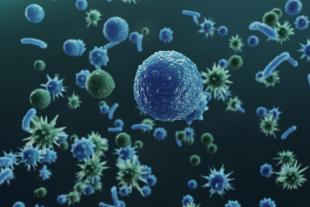 Abstract background virus. The concept of science and medicine, reducing immunity in the body. Influenza virus, hepatitis virus, cells that infect the living organism, 3d illustrationの写真素材