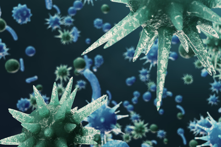 3D illustration Virus backgorund. Viruses influenza, hepatitis, AIDS, E. coli, colon bacillus. Concept of science and medicine, reducing immunity. Cell infected organism.の写真素材