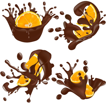 Set of realistic chocolate splashes with orange isolated on white background. Vector illustration.のイラスト素材