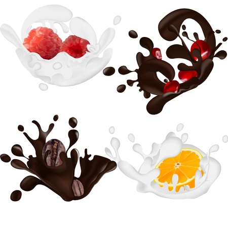 Set of realistic chocolate and milk splashes isolated on white background. Vector illustration. Orange, pomegranate, raspberry, coffee in chocolate. Fruit in chocolate.のイラスト素材