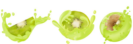 Set of realistic kiwi with splashes. Vector illustration, fruits on a white background, vitamins.のイラスト素材