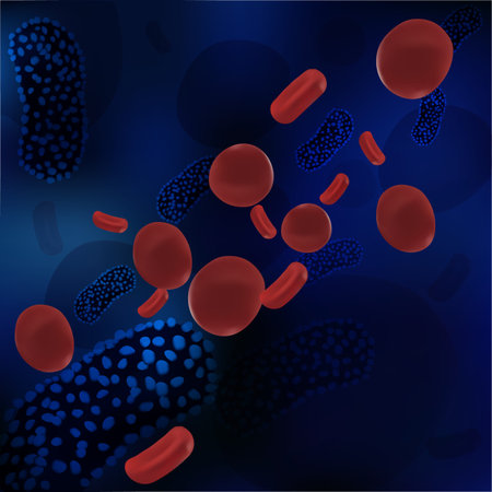 Realistic red blood cells with a virus under the microscope. Bacteria virus, microbial cells. Vector...