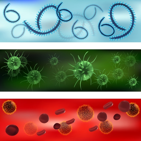 A set of viruses and bacteria. Viruses and bacteria under the microscope. Bacterial virus, microbial cells. Vector illustration.のイラスト素材