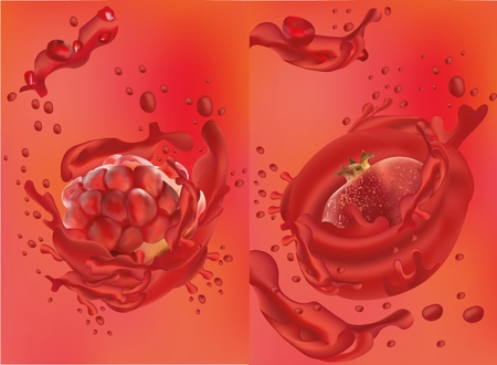 Pomegranate juice close up. Fresh juice with pomegranate. Splashes with pomegranate. Vector graphicsのイラスト素材