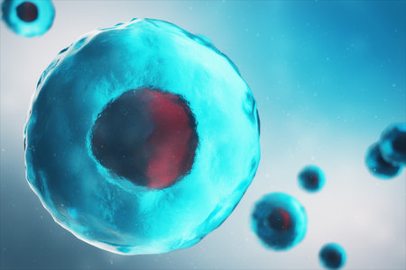 Cell of a living organism, scientific concept. Illustration on a blue background. The structure of...