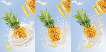 Set of realistic milk splashing together with pineapple isolated on white background. Vector illustrationの写真素材