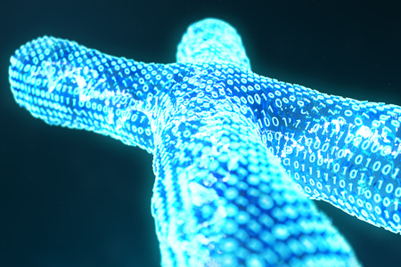 X digital, artificial chromosomes with DNA carrying the genetic code. Genetics concept, artificial intelligence concept. Binary code in the human genome, future, genetic mutations. 3D illustrationの写真素材