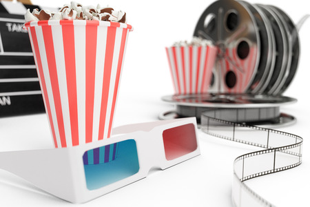 3D illustration, director chair, movie clapper, popcorn, 3d glasses, film strip, film reel and cup with carbonated drink isolated on white background. Cinema Industry Concept.の写真素材