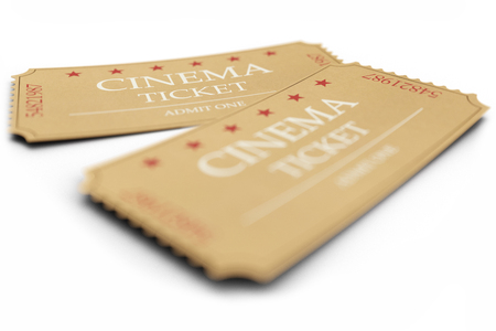 Two movie tickets isolated on white background, with depth of field effect, close-up. Cinema admit one tickets made of textured paper. 3d illustrationの写真素材