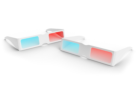 Two 3D Glasses isolated on white background. Glasses for watching a movie with the effect of 3D, side view 3D illustrationの写真素材
