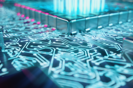 AI - artificial intelligence CPU concept. Machine learning. CPU on the board with glow tracks. Background scientific concept in blue light. 3D illustrationの写真素材