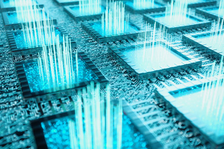 AI - artificial intelligence CPU concept. Machine learning. CPU on the board with glow tracks....