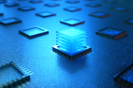AI - artificial intelligence concept. Machine learning. Central Computer Processors on the circuit board with luminous tracks. Encoded data. Computer chip over circuit background. 3D Renderingの写真素材