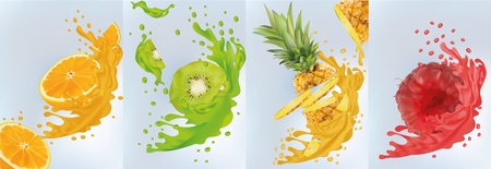 Fruit juice, pineapple, kiwi, orange, raspberry. Fresh fruits.Fruit splashes close up. Vector illustration.のイラスト素材