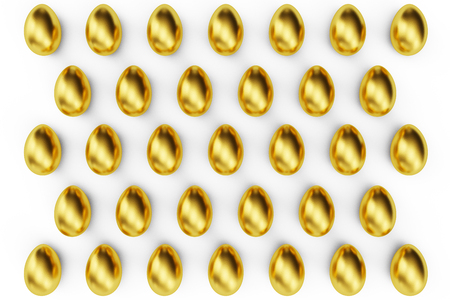 Pattern golden eggs background. Golden eggs view top. Golden egg as a sign of wealth, luxury. Egg as a symbol of easter, holiday, weekend. 3D illustrationの写真素材