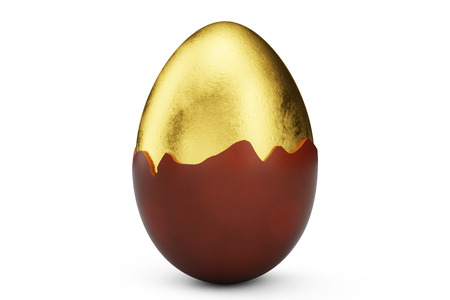 Golden luxury egg covered with chocolate. Easter egg. Broken, cracked chocolate egg. Sweet chocolate egg, holiday and easter symbol, 3D illustrationの写真素材