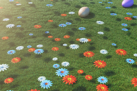 Colorful eggs in a meadow on a sunny day, with beautiful flowers. Easter eggs top view on grass, lawn. Concept easter eggs hunt in sunday. Easter symbol holiday in April, 3D illustrationの写真素材