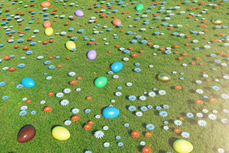 Colorful eggs in a meadow on a sunny day, with beautiful flowers. Easter eggs top view on grass, lawn. Concept easter eggs hunt in sunday. Easter symbol holiday in April, 3D illustrationの写真素材