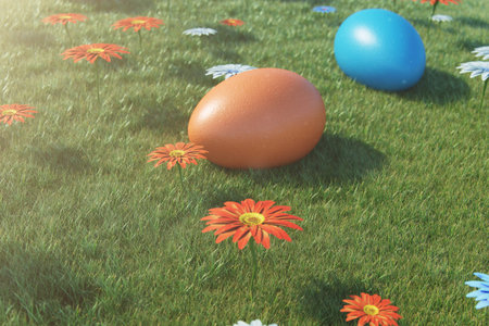 Colorful eggs in a meadow on a sunny day, with beautiful flowers. Multicolored painted easter eggs...