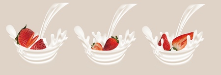 Splash strawberry in milk realistic 3d vector. Raw strawberry fruit. Whole and slice strawberry with splashes milk. Concept of good nutrition, healthy food and lifestyle, Vector illustration.のイラスト素材