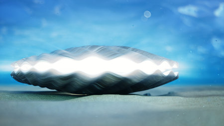 Mother of pearls underwater. Closed sea shell underwater self-luminous from the inside. Oysters and...