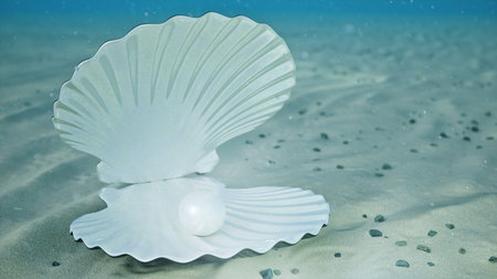 Mother of pearls underwater. Sea shell underwater. Beautiful pearls, expensive jewelry. Oysters and pearls on the underwater sandy seabed. Sunlight beams and shine through water, 3D Illustrationの写真素材